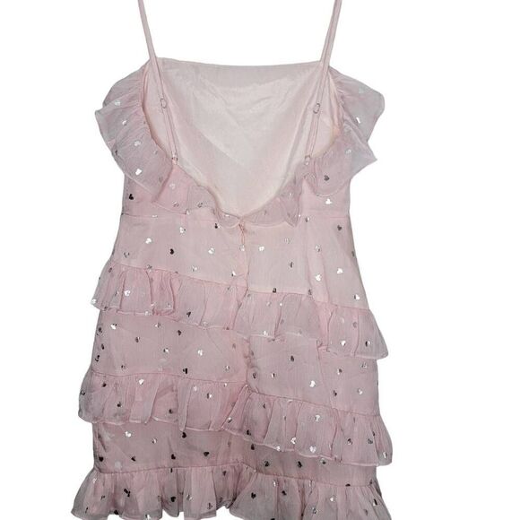 Lovers + Friends Pink Ruffle Dress Size Medium Silver Hearts - Picture 5 of 7
